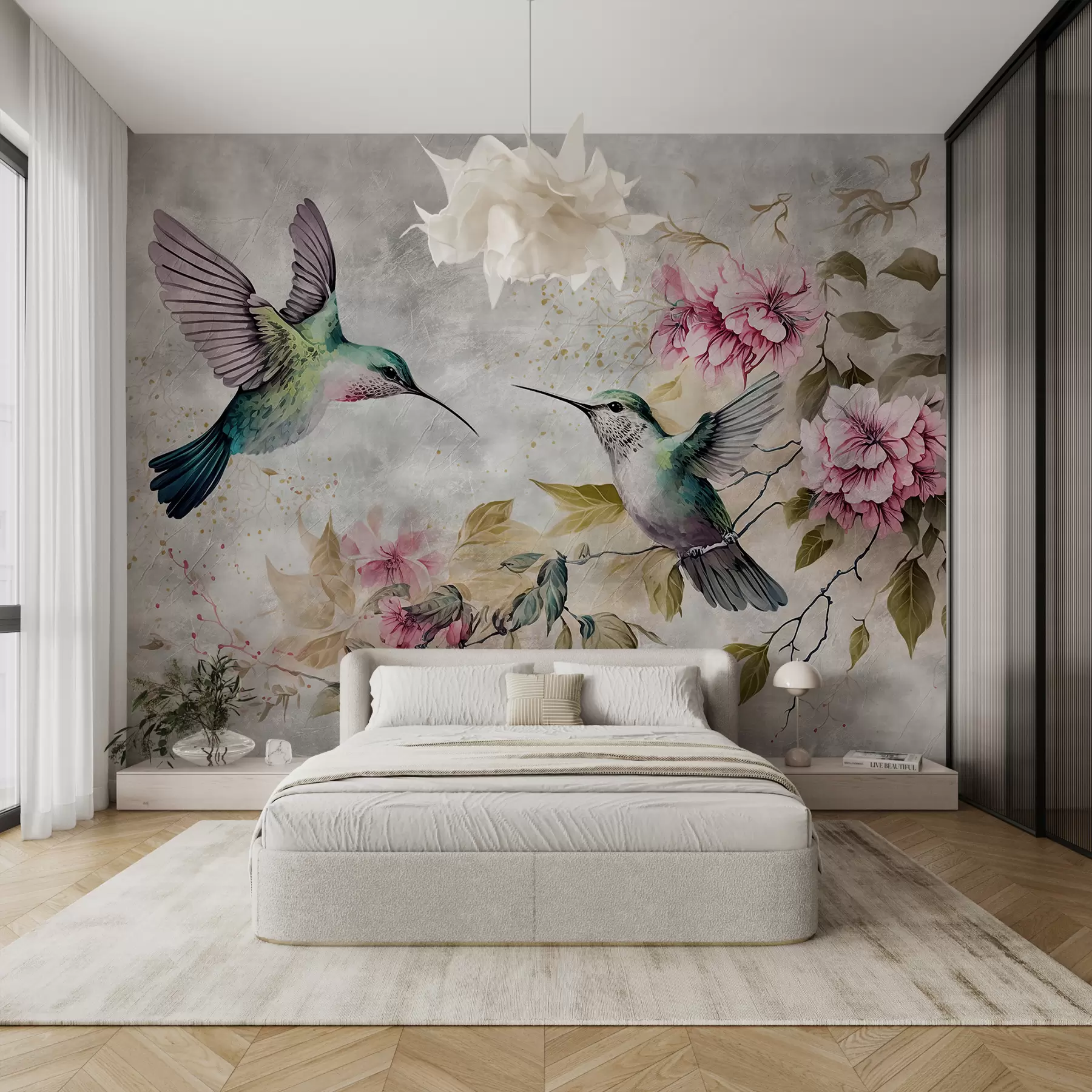 wall murals Watercolor hummingbirds on a branch u93994
