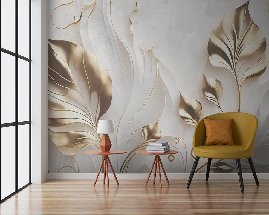 wall murals Delicate leaves on a concrete wall u94010