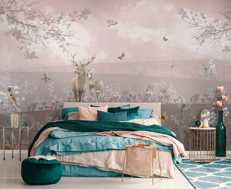 wall murals Dreamy pink world with deer u94165
