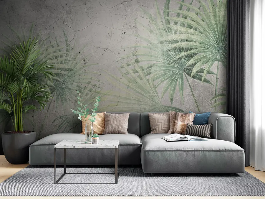wall murals Green palm leaves with grunge texture u94284