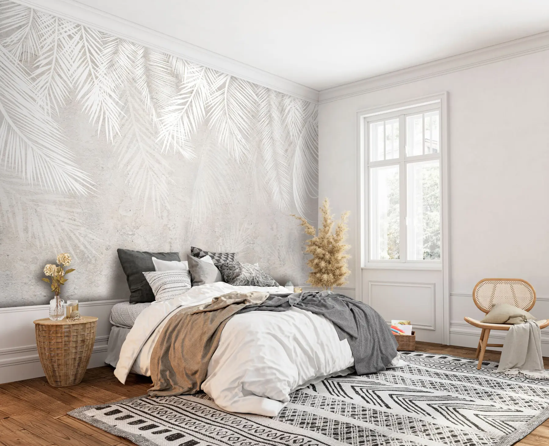 wall murals White fragile palm leaves with grunge texture u94286
