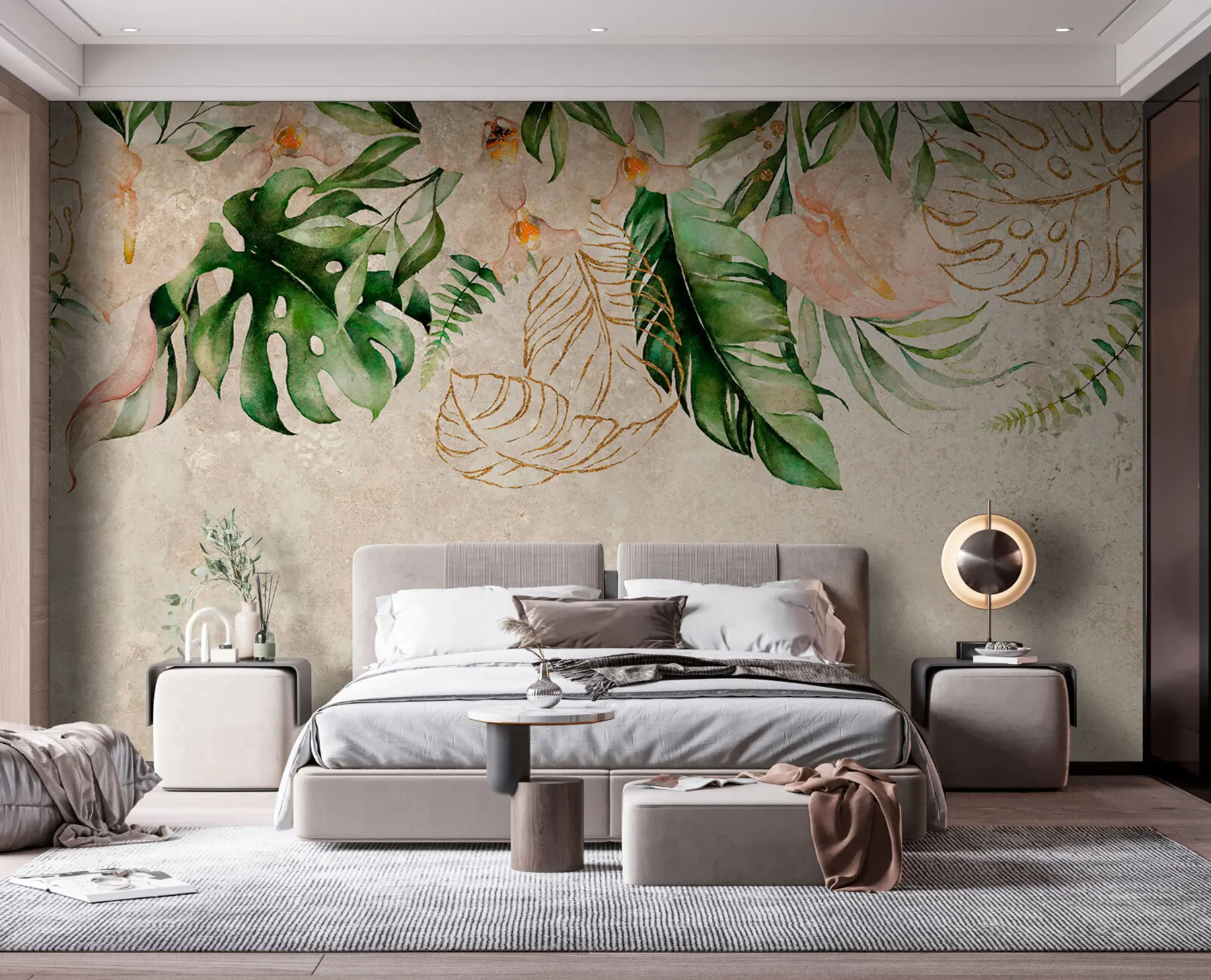 wall murals Green tropical leaves and ruddy flowers on a white background u94409