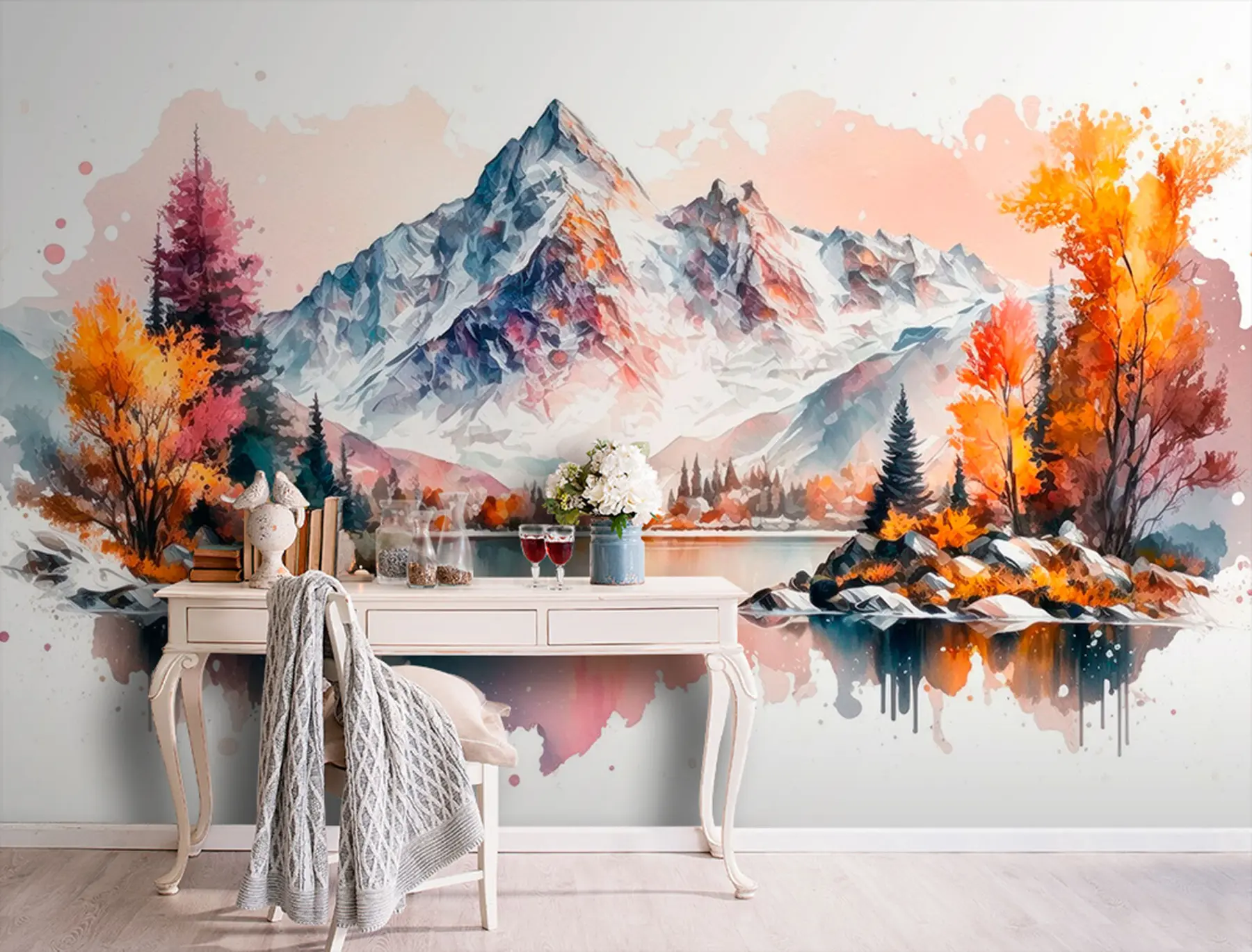 wall murals Watercolor mountain autumn landscape with snow on the peaks u94782