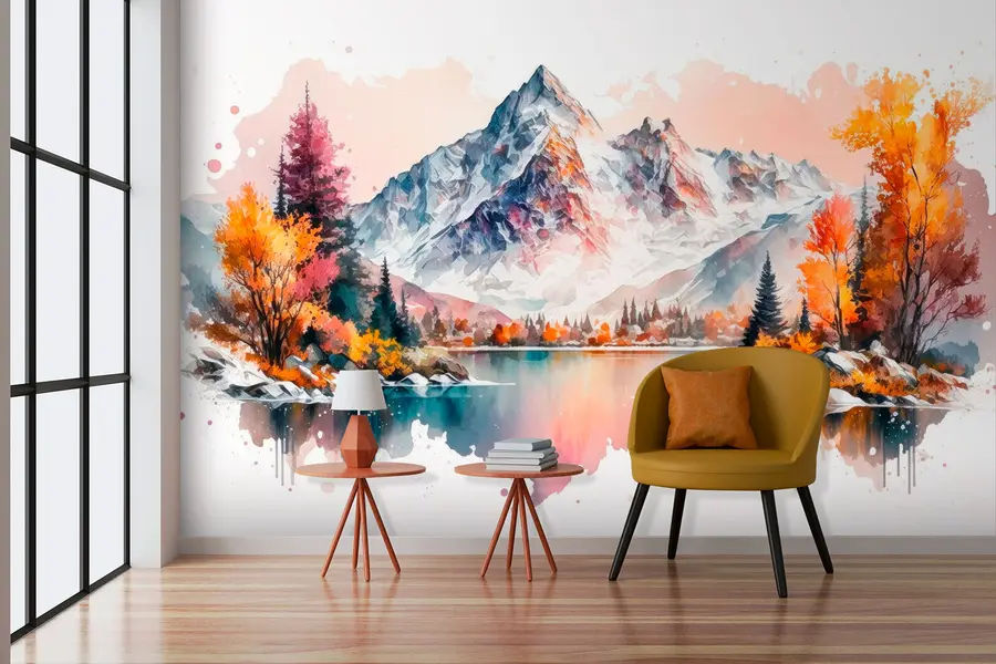 wall murals Watercolor mountain autumn landscape with snow on the peaks u94782