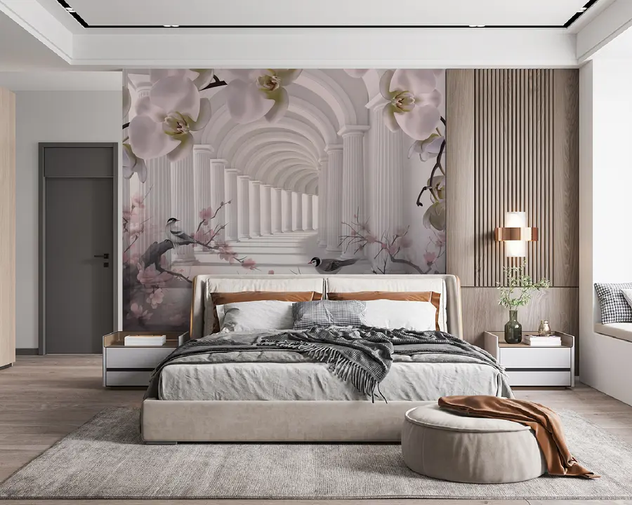 wall murals Beautiful tunnel with birds and orchids u94513