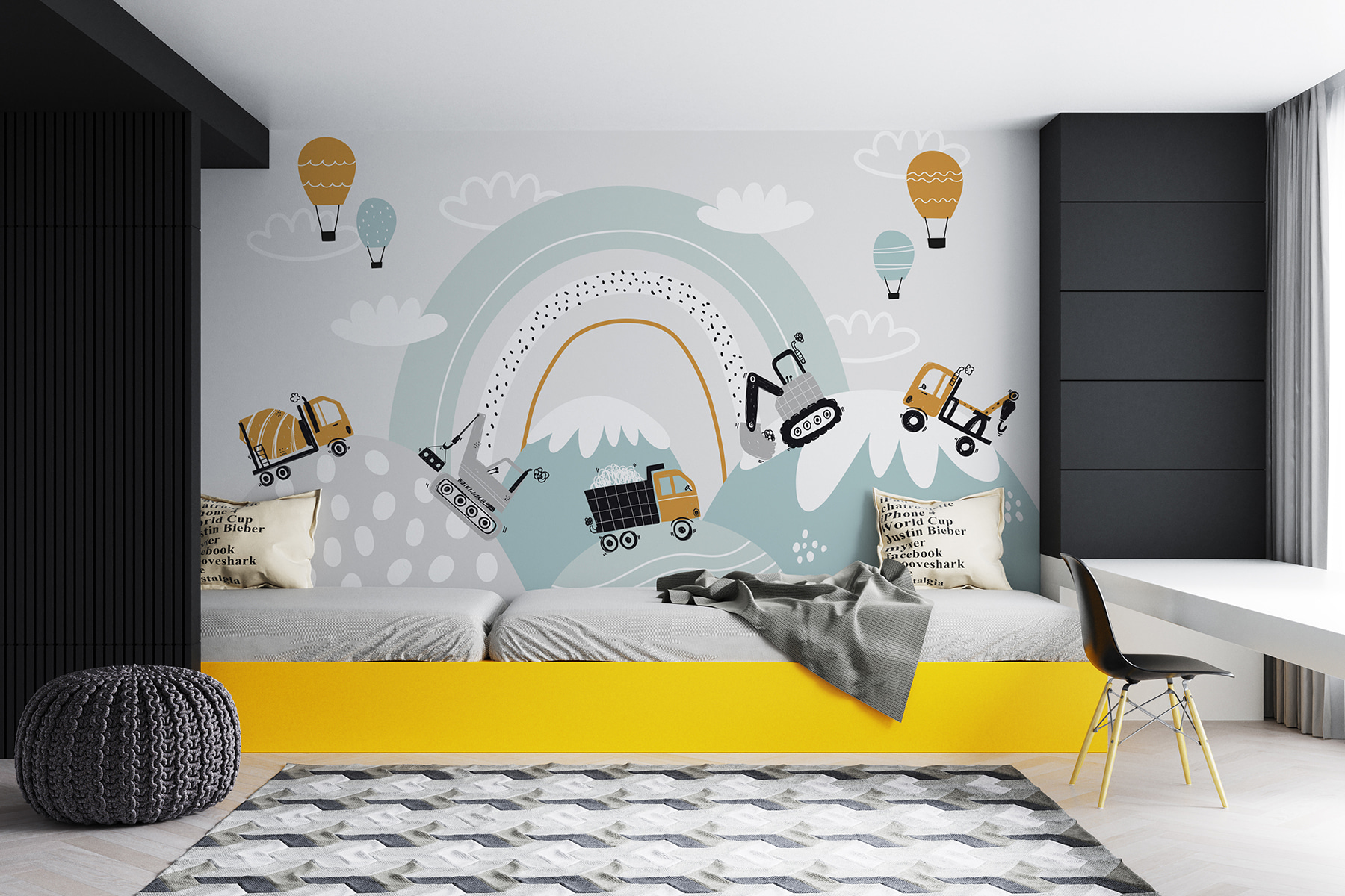 Wall murals Construction vehicles, mountain landscape, balloons and ...