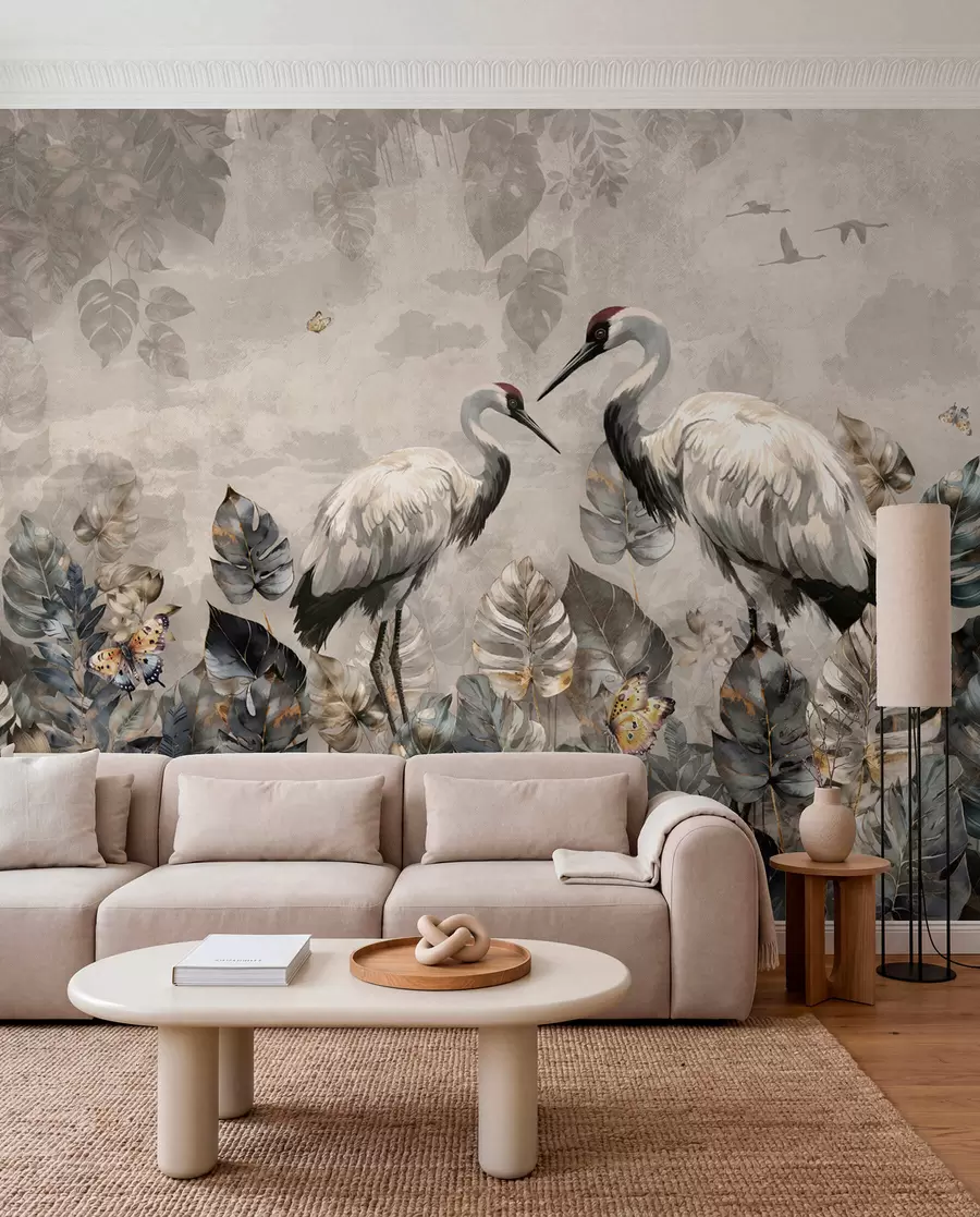 wall murals Two cranes on a grunge texture u94625