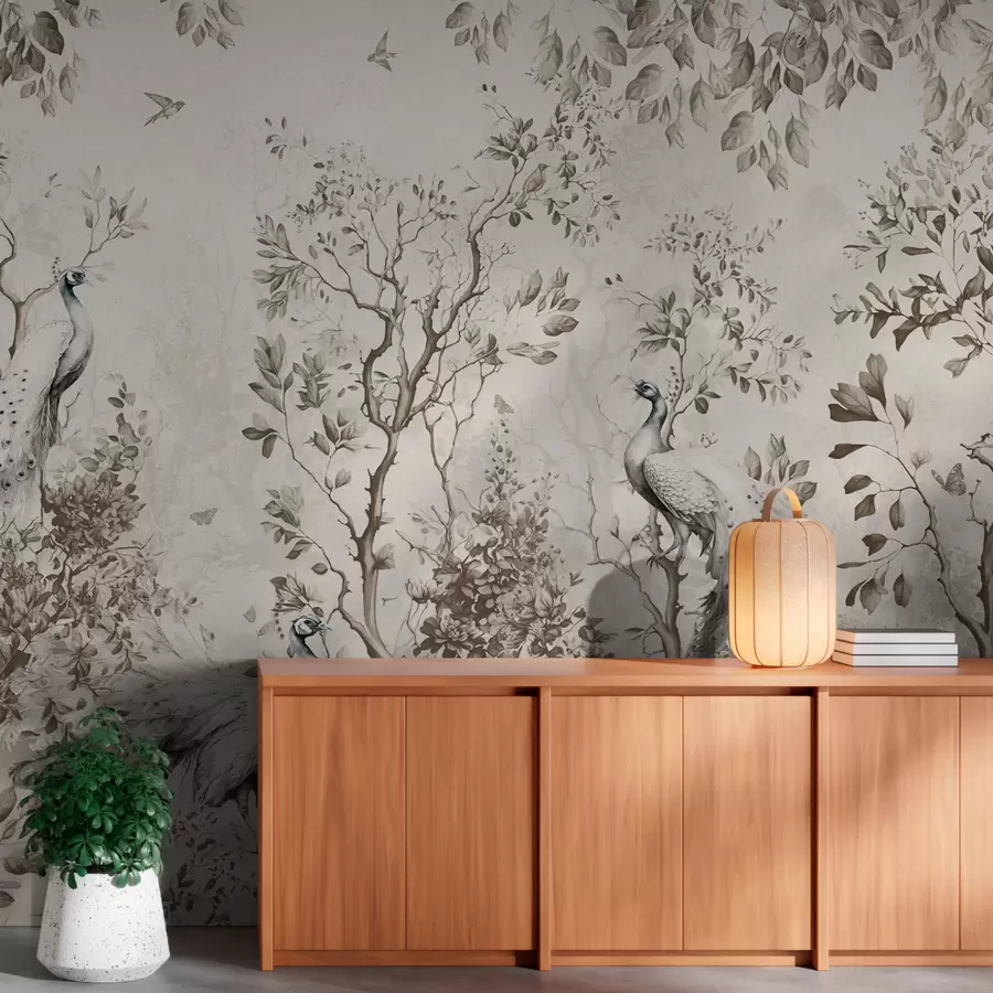 wall murals A garden with fragile birds, peacocks u94850