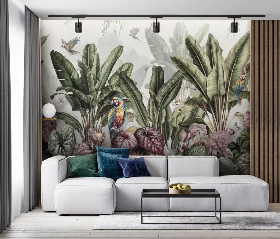 wall murals Tropical banana palms in a landscape with macaws and butterflies in vintage style u95371