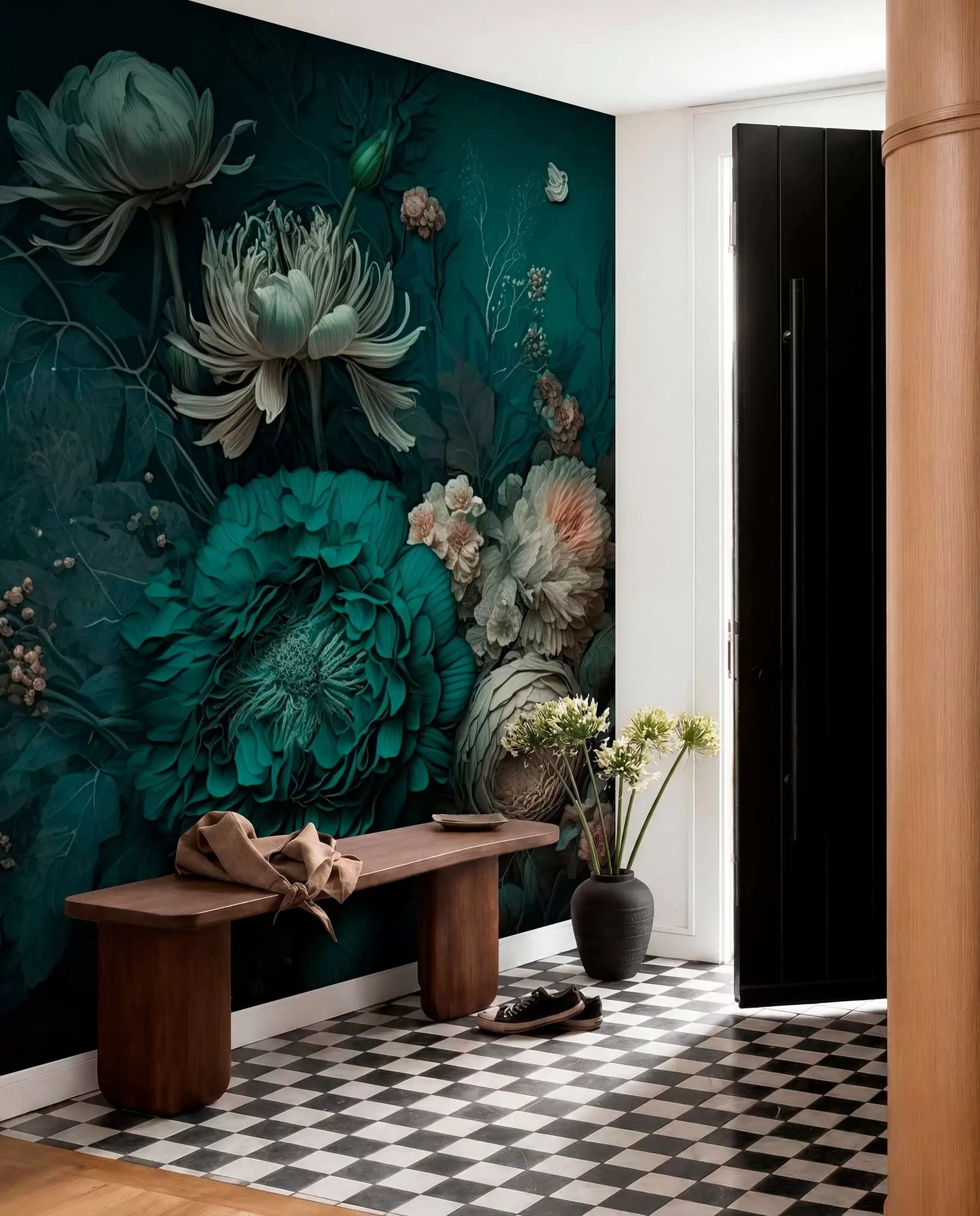 wall murals Flowers on Midnight Green u75402