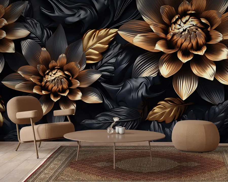 wall murals Black voluminous flowers u95244