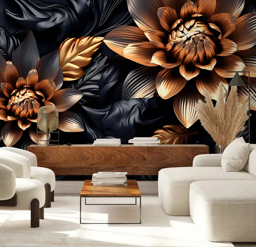 wall murals Black voluminous flowers u95244
