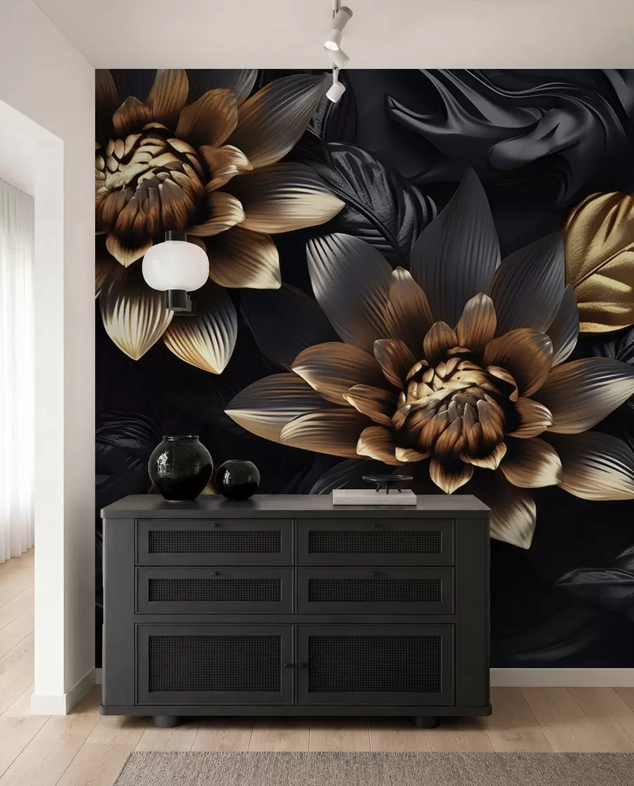 wall murals Black voluminous flowers u95244