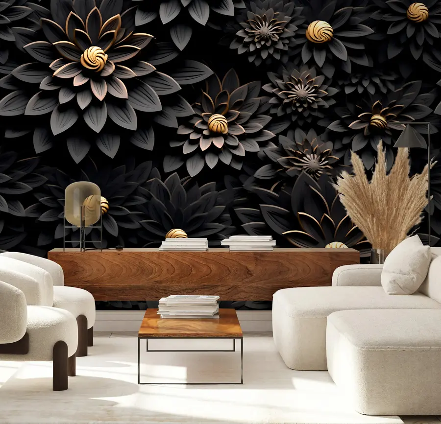 wall murals Black flowers with 3D effect u95249