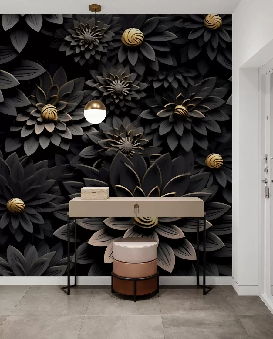 wall murals Black flowers with 3D effect u95249