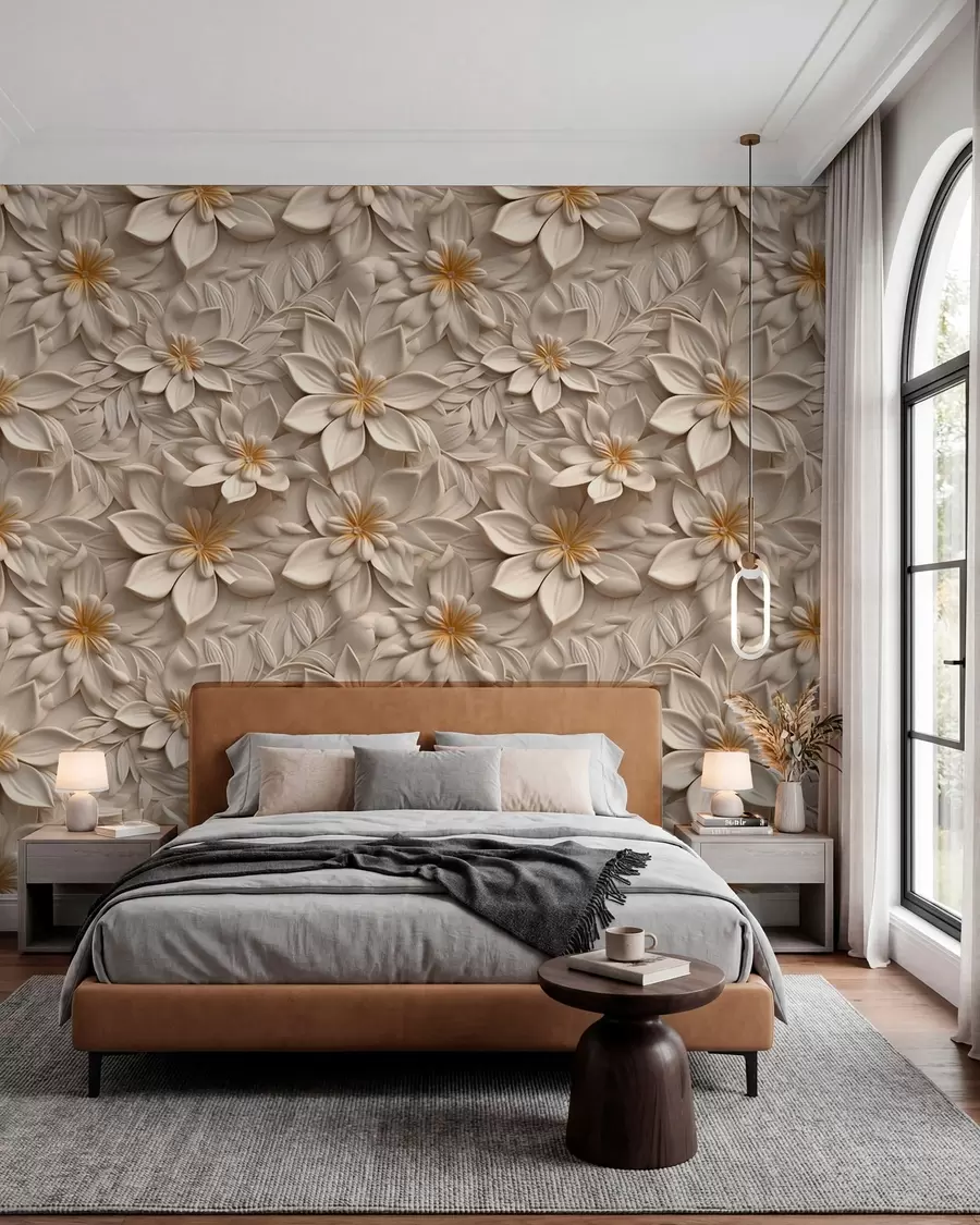 wall murals Scattering of white flowers with a 3D effect u95251