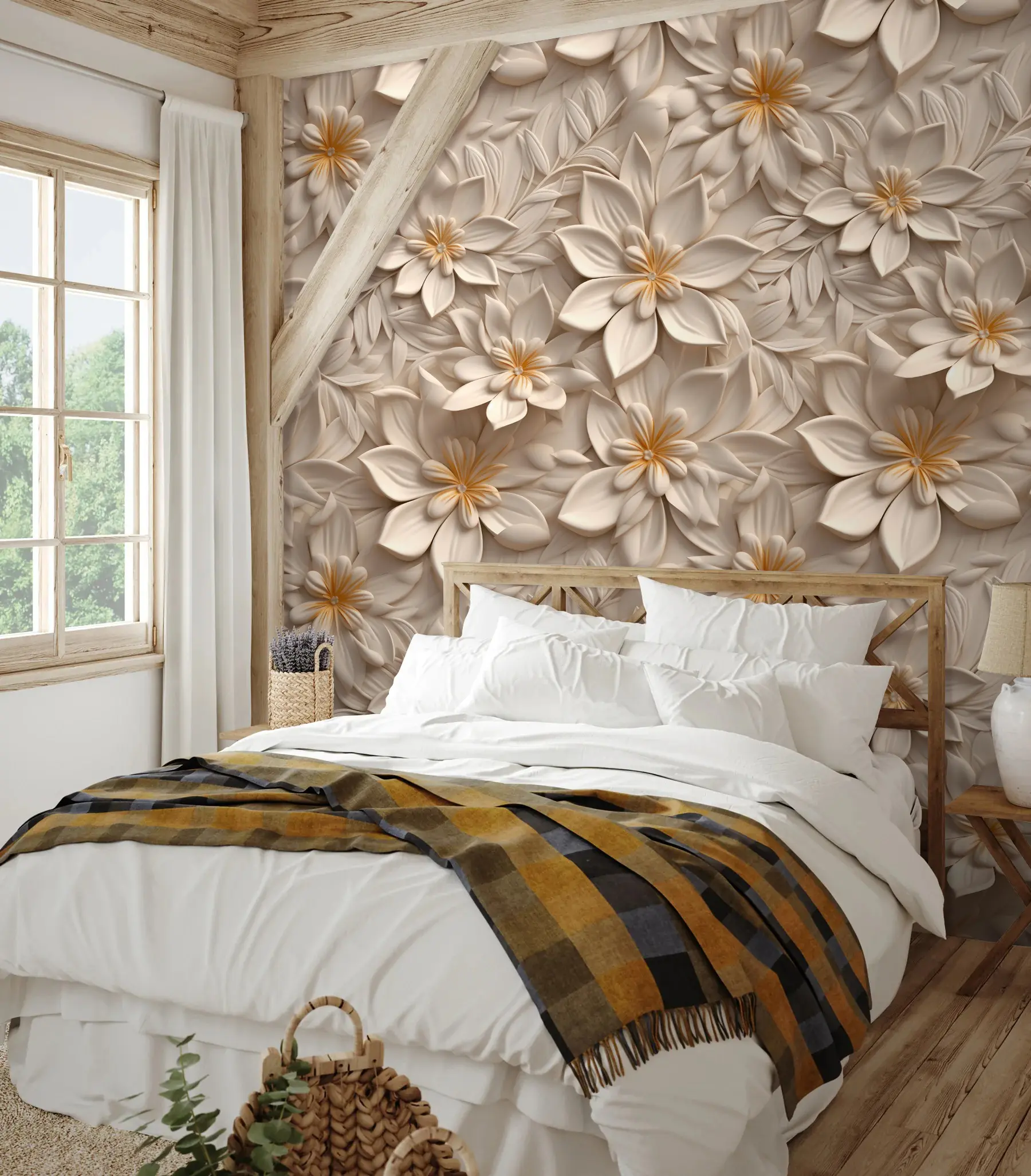 wall murals Scattering of white flowers with a 3D effect u95251