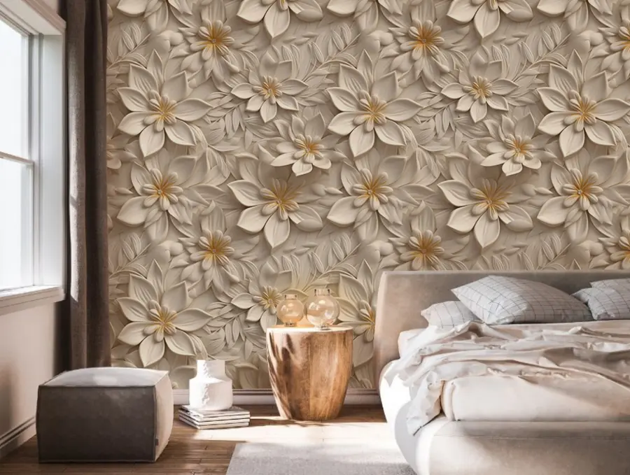 wall murals Scattering of white flowers with a 3D effect u95251