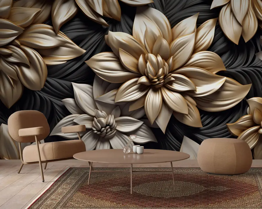 wall murals Black flowers with 3D effect u95252