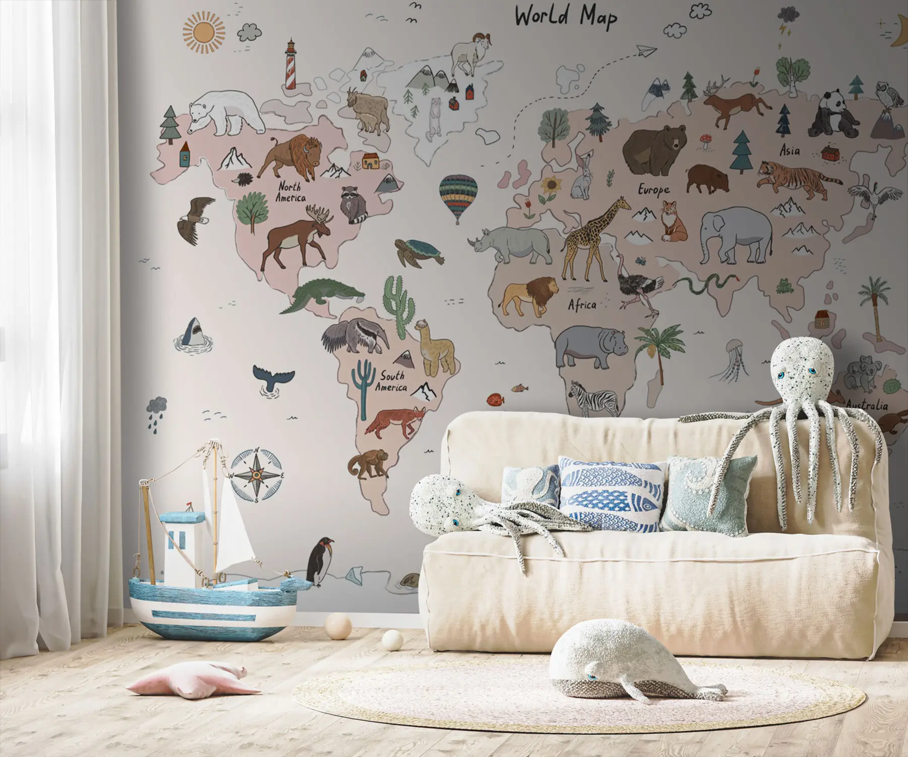 wall murals Children's map of the world with animals u95028
