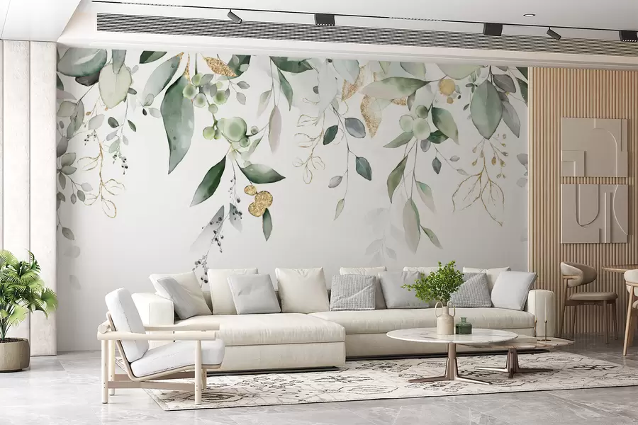 wall murals Hanging eucalyptus leaves on a white background u95506