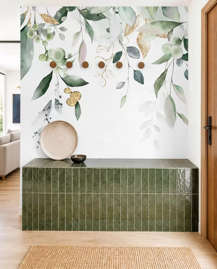 wall murals Hanging eucalyptus leaves on a white background u95506