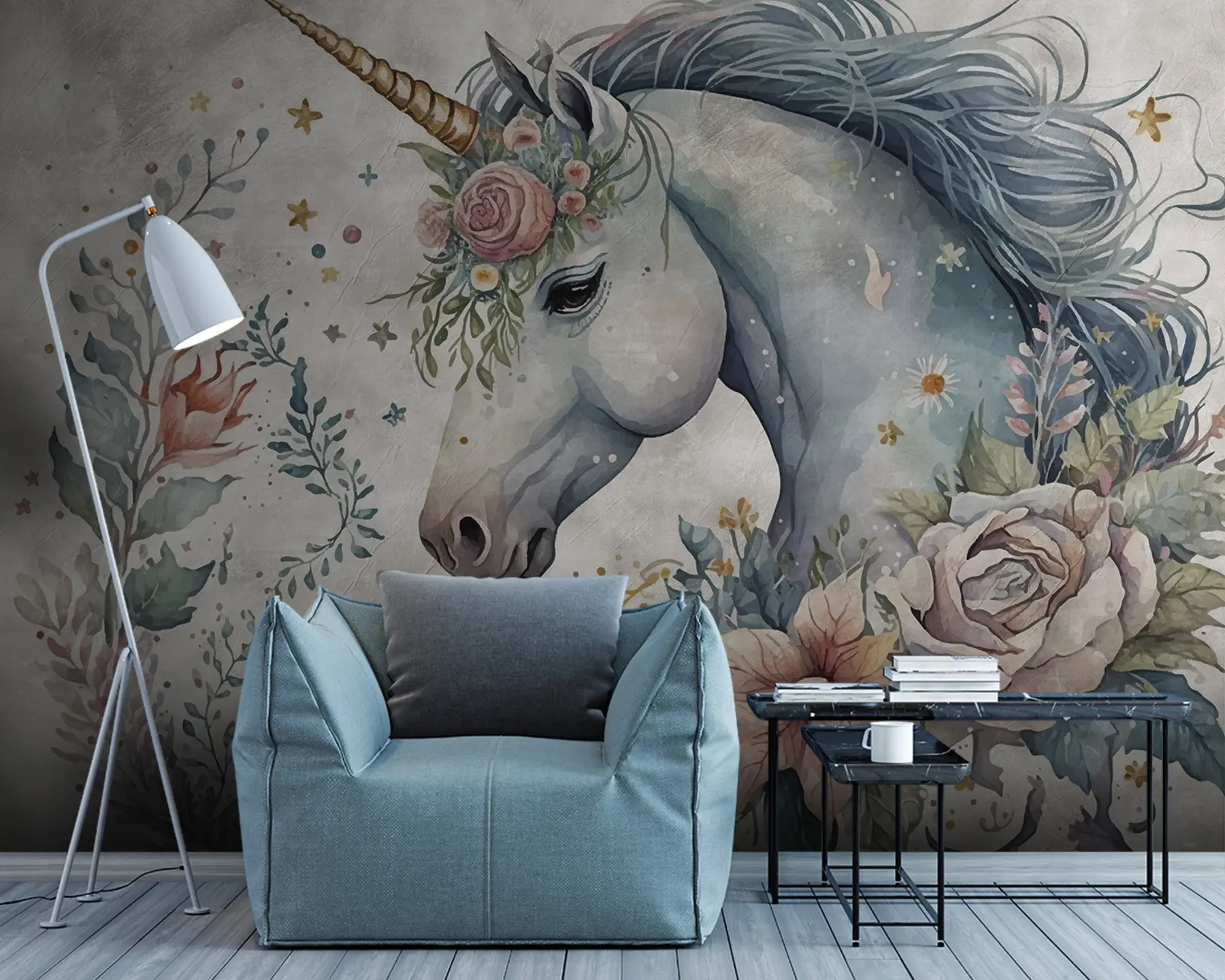 wall murals Unicorn in flowers u95404