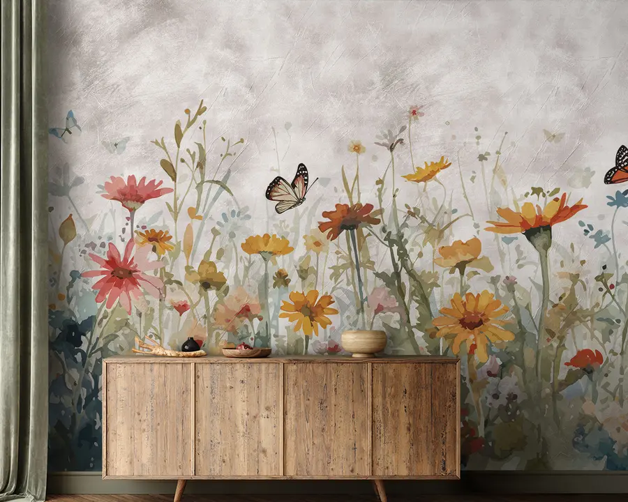 wall murals Watercolor wildflowers and butterflies u95406