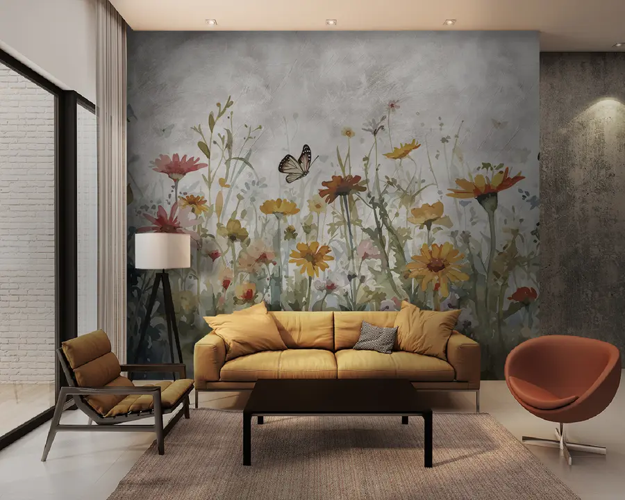 wall murals Watercolor wildflowers and butterflies u95406