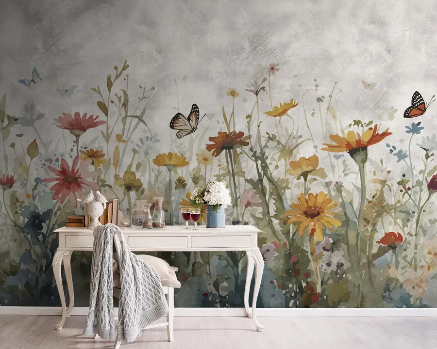 Wall murals Watercolor wildflowers and butterflies u95406 buy UK - Uwalls.co.uk wall murals Watercolor wildflowers and butterflies u95406