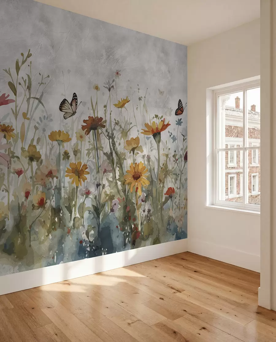 wall murals Watercolor wildflowers and butterflies u95406