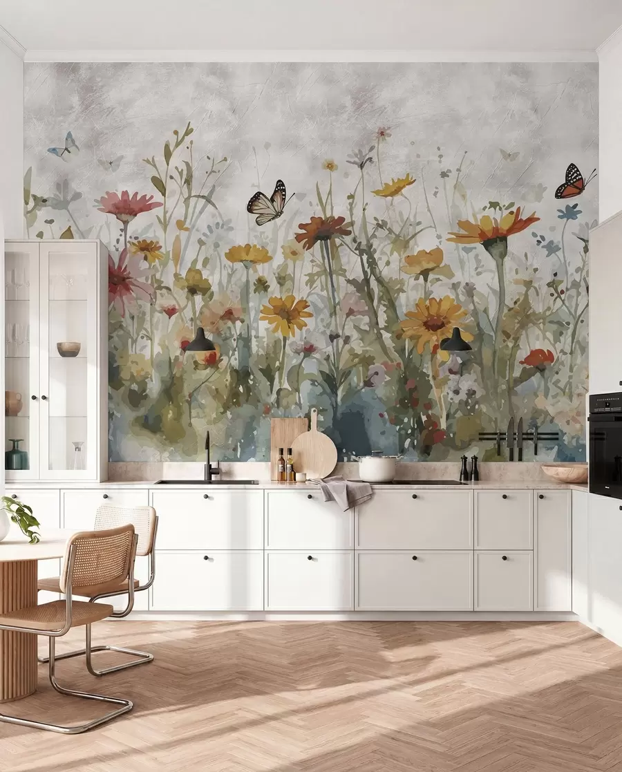 wall murals Watercolor wildflowers and butterflies u95406