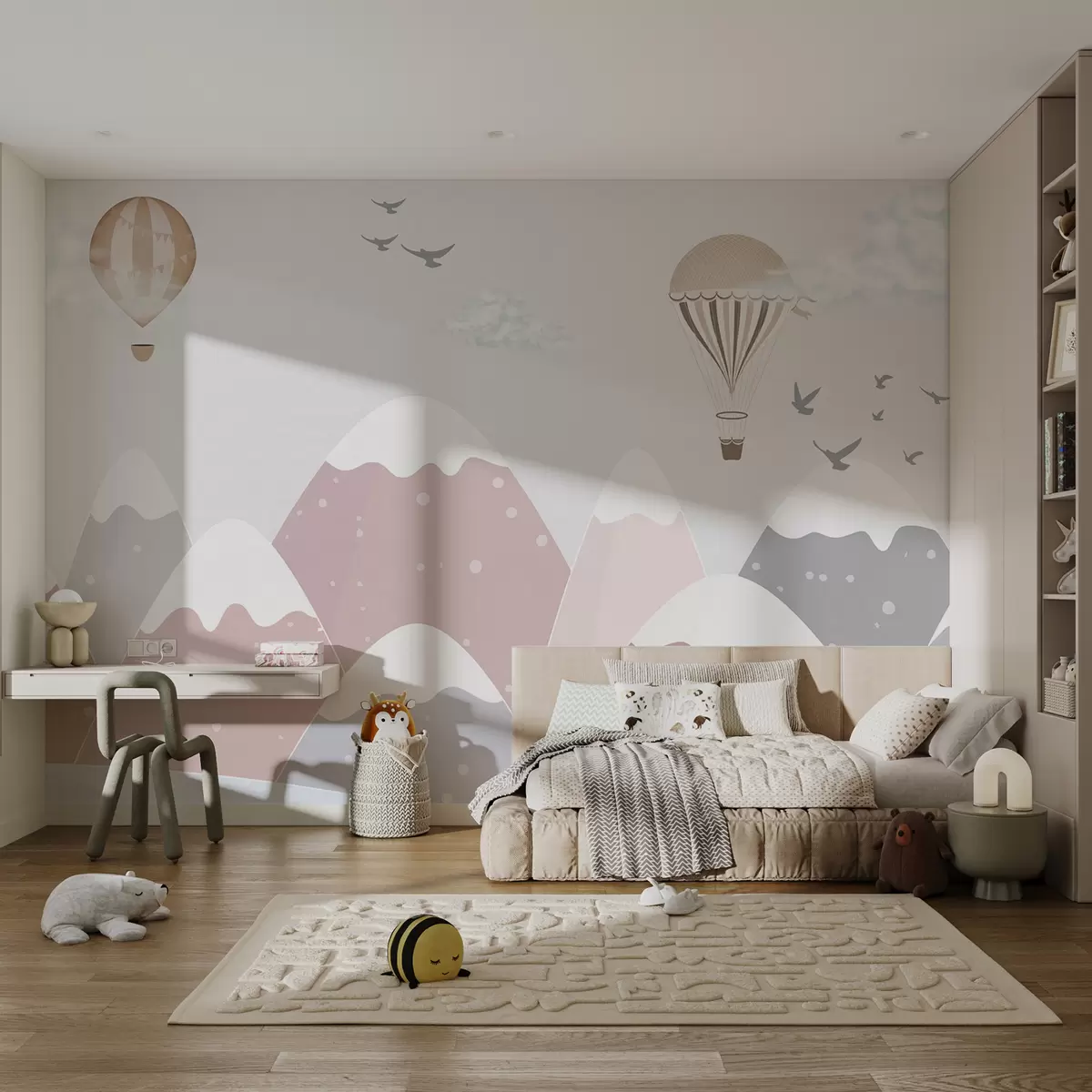 wall murals Pink snowy mountains with balls u95232
