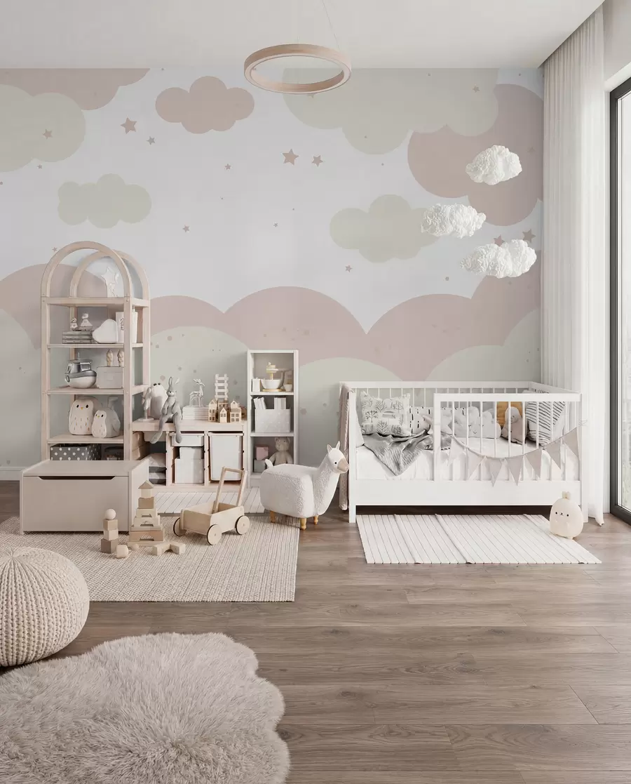 wall murals Clouds and stars in pastel colors u95398
