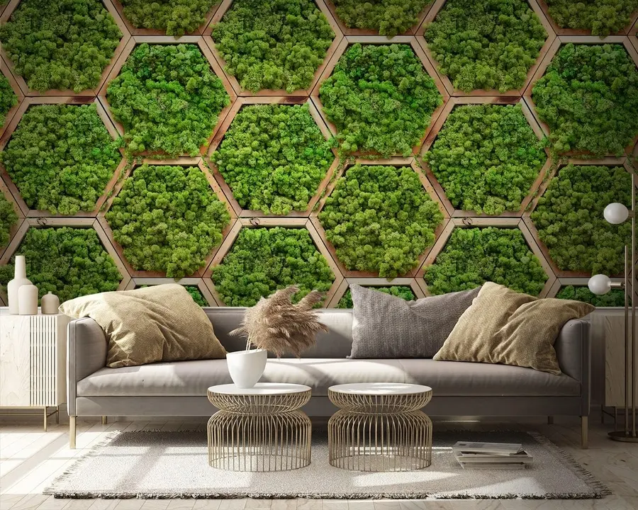 wall murals Moss flower modules in hexagonal wooden frames u95502
