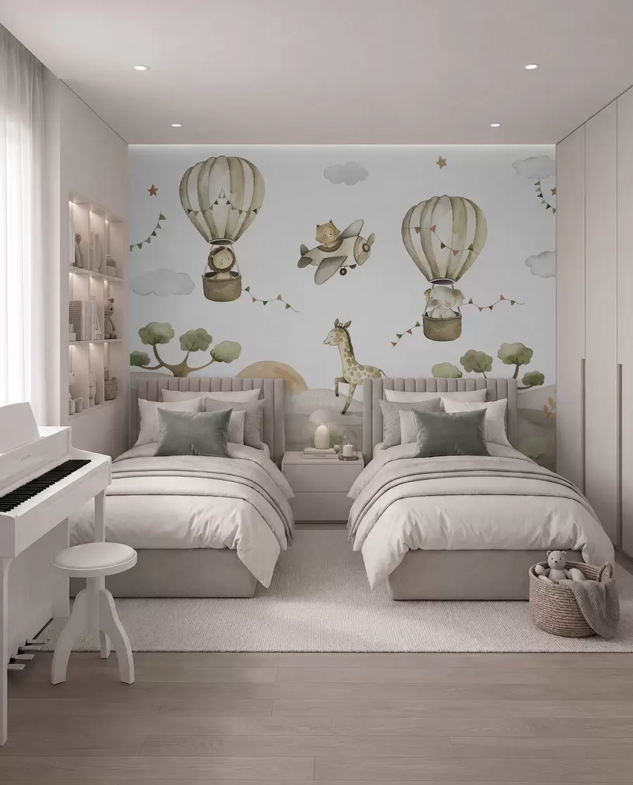 wall murals Watercolor drawing with animals, balloons, plane and car u95882