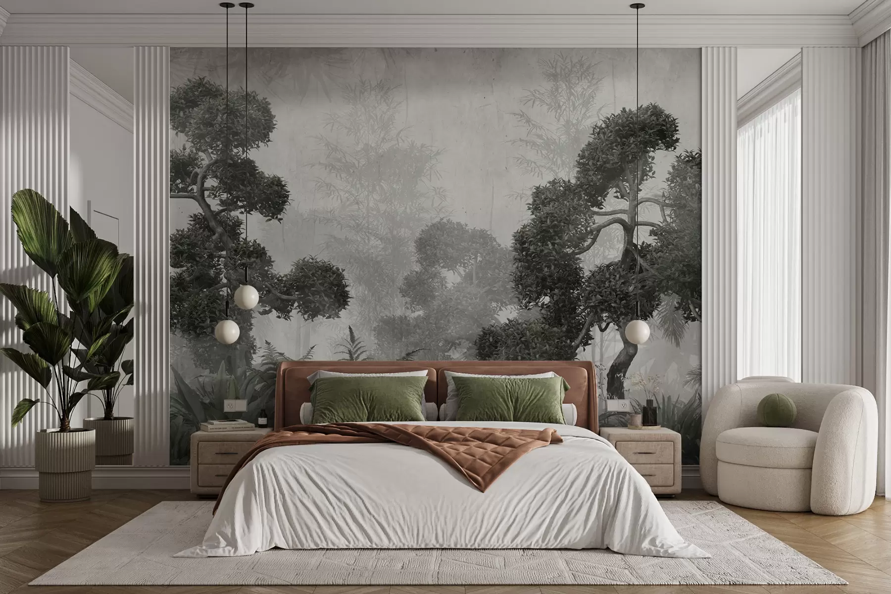 wall murals Tropical trees and leaves in a misty forest u95901