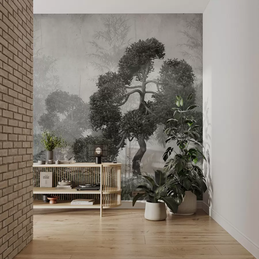 wall murals Tropical trees and leaves in a misty forest u95901