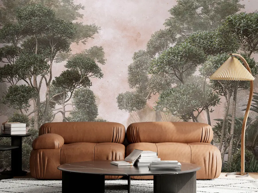 wall murals Tropical trees in a foggy forest with large leaves in the background u95902