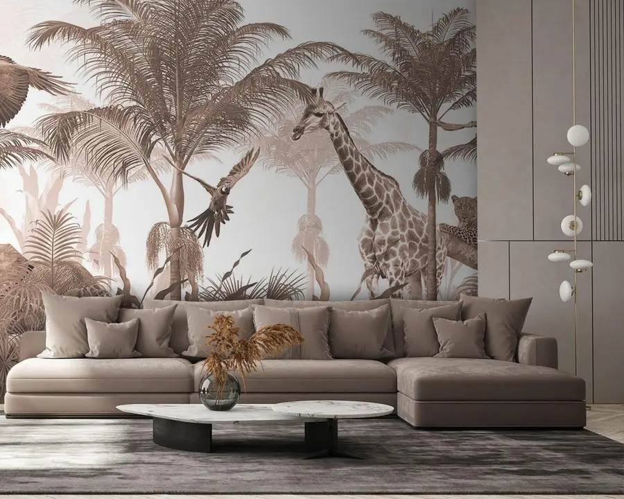 wall murals Tropical tree wallpaper design with animals u95906