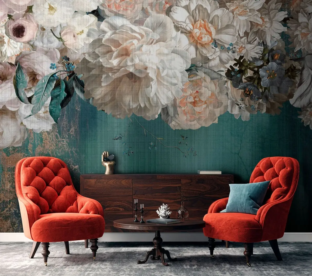 wall murals Big lush bouquet of flowers with grunge texture u95430