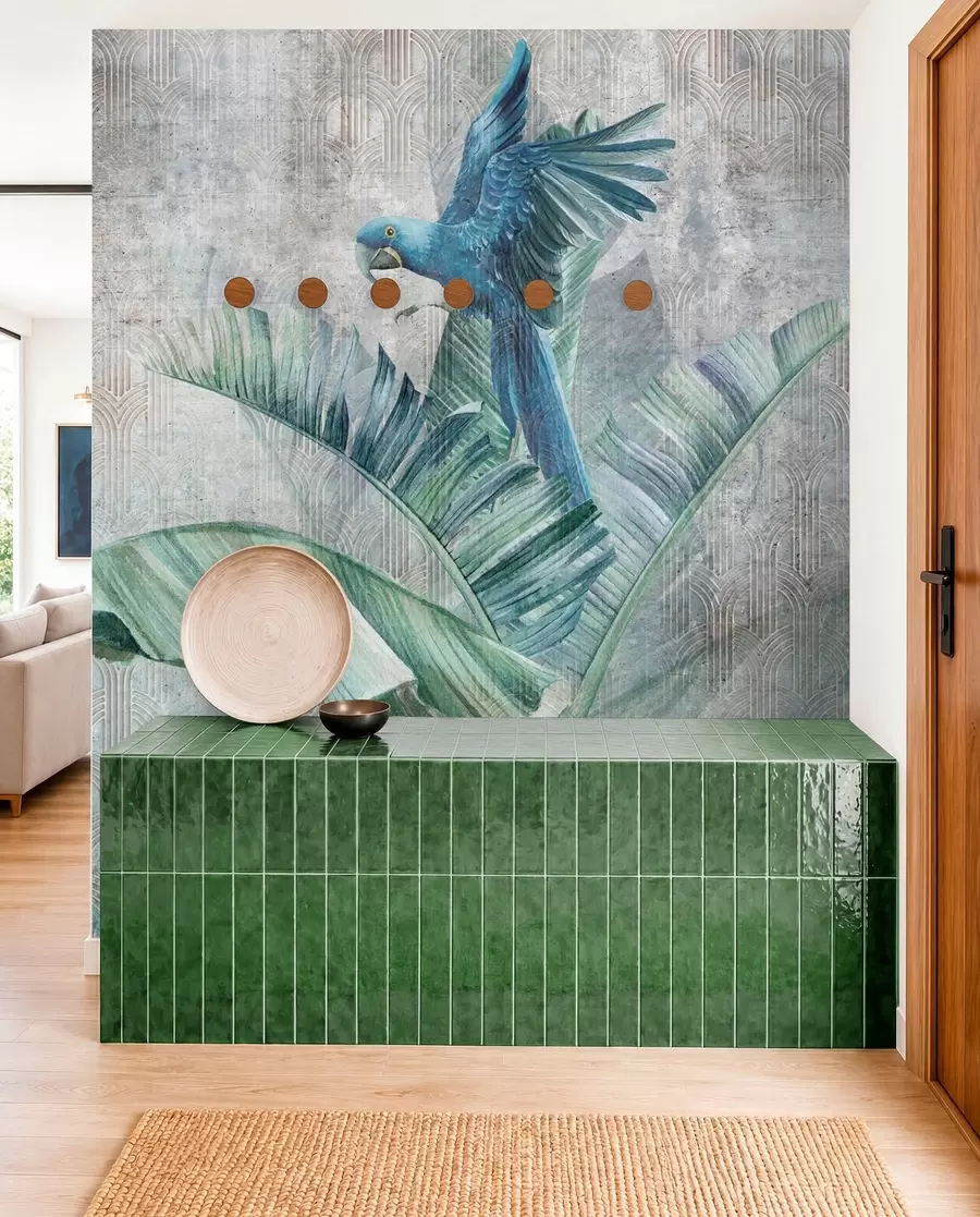 wall murals Big blue parrot on banana tree with grunge concrete texture u95432