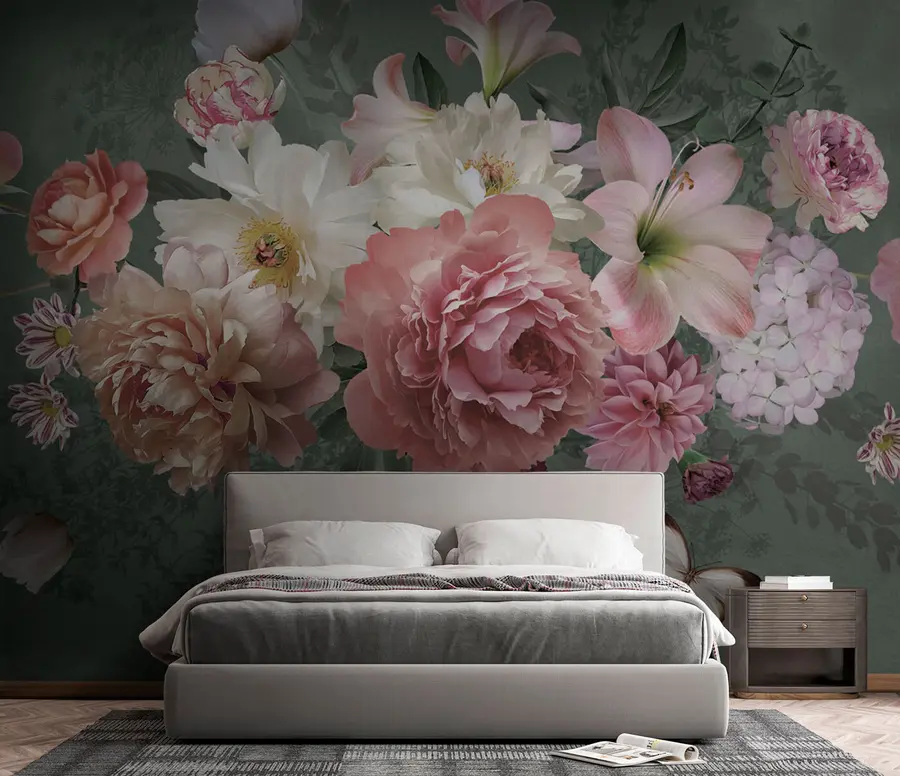 wall murals A blooming garden of flowers with a butterfly u95818