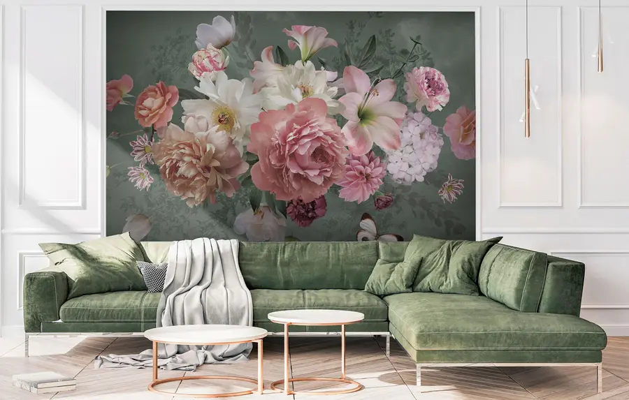 wall murals A blooming garden of flowers with a butterfly u95818