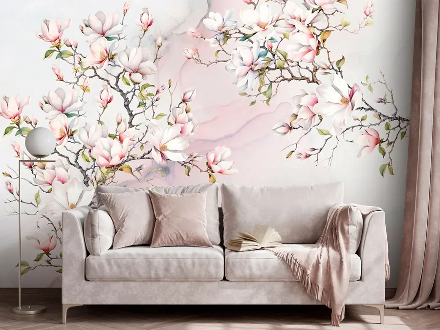 wall murals Blooming magnolia trees on a marble background u96114
