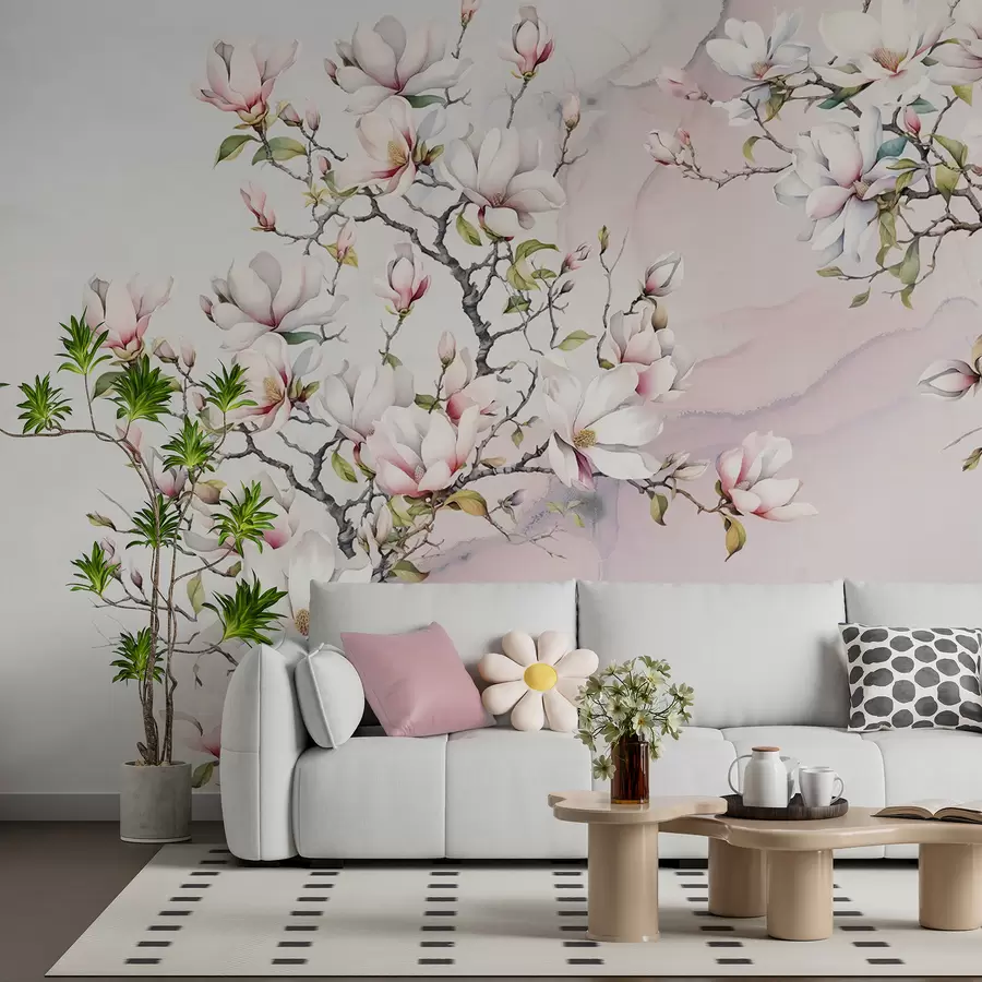 wall murals Blooming magnolia trees on a marble background u96114