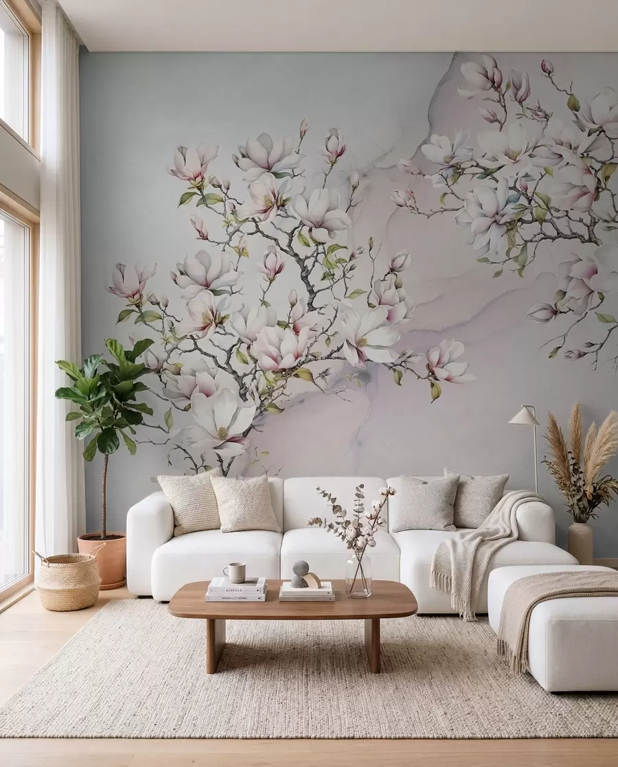 wall murals Blooming magnolia trees on a marble background u96114