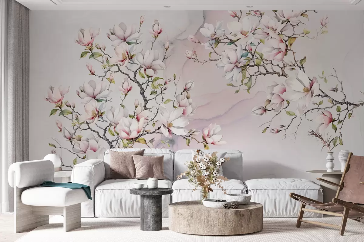 wall murals Blooming magnolia trees on a marble background u96114