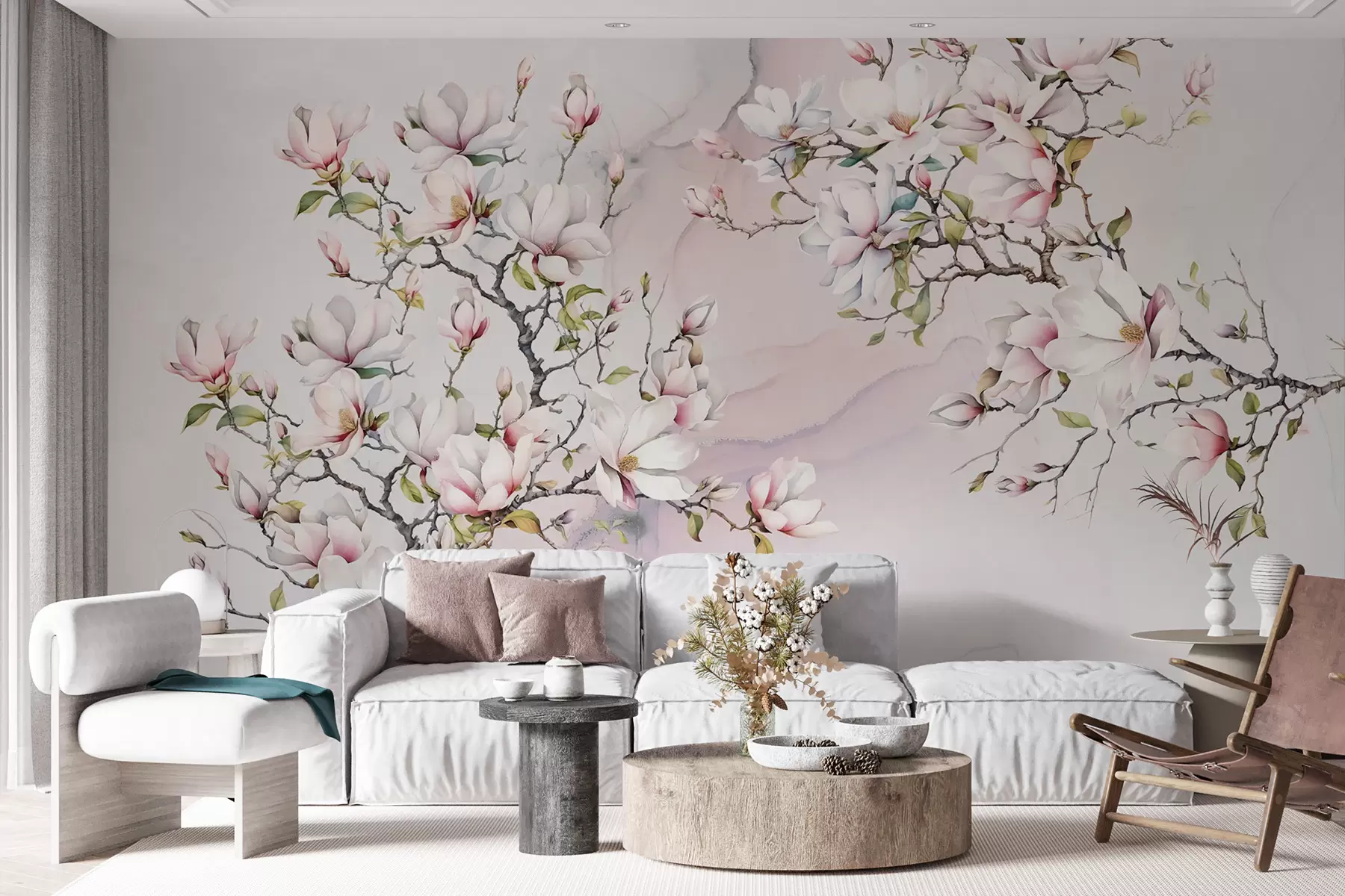 wall murals Blooming magnolia trees on a marble background u96114