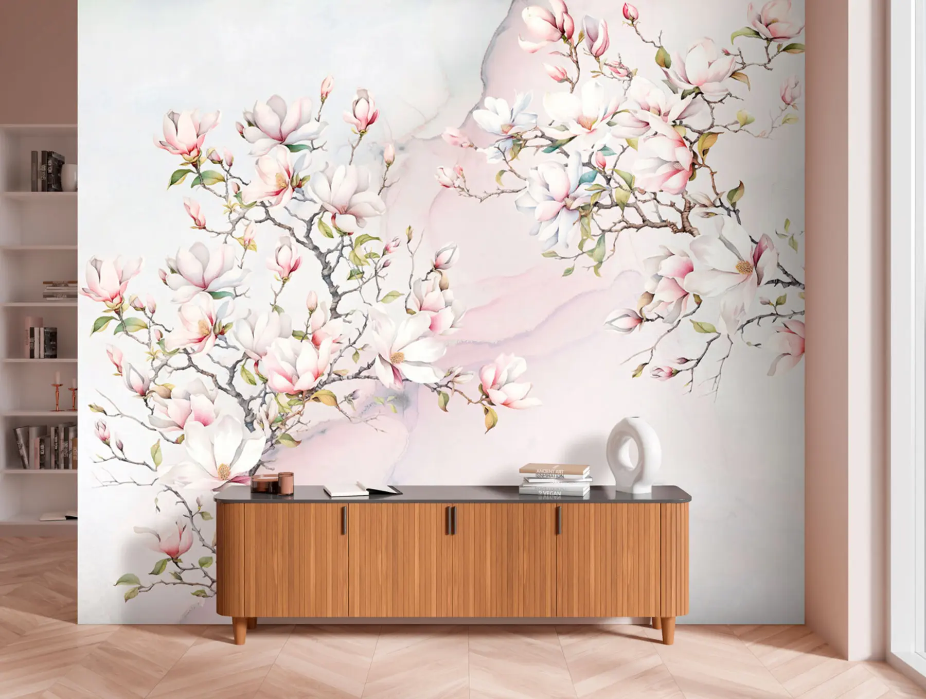 wall murals Blooming magnolia trees on a marble background u96114